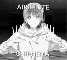 a black and white drawing of a girl with the words " absolute chii-nema " on the bottom