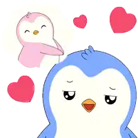 a pink penguin with a heart on its head is surrounded by pink hearts