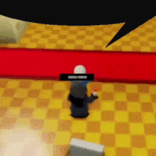 a video game character is standing on a checkered floor holding a bottle .
