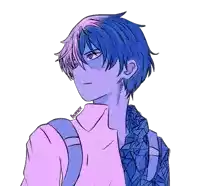 a drawing of a boy with blue hair and a pink shirt with the name aaronox on the bottom right