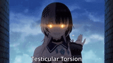 a picture of a girl with glowing eyes and the words testicular torsion