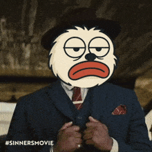 a man in a suit and tie with a cartoon face on his face and the words #sinnersmovie below him