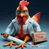 a chicken holding a knife next to a box that says eeiix