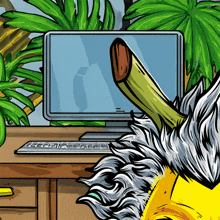 a cartoon drawing of a banana with a beard standing in front of a computer