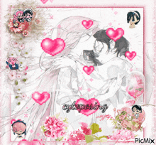 a picture of a bride and groom surrounded by pink hearts and flowers with the words cyteposing at the bottom