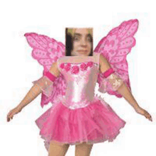 billie eilish is wearing a pink fairy costume with wings and a picture of her face .