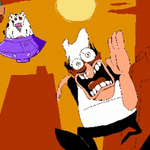 a cartoon of a man with a cow in a purple flying saucer behind him