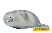 a seal is laying down next to a sealook sign