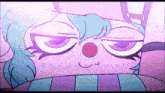 a cartoon drawing of a clown with blue hair and purple eyes