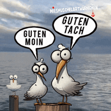 two seagulls are standing on a dock and one of them is saying guten moin