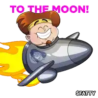 a cartoon of a man flying a rocket with the words to the moon