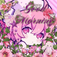 a girl with pink hair surrounded by pink flowers and the words good morning