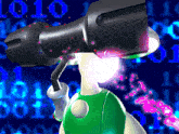 a cartoon character is looking through a telescope in front of a binary code background