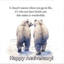 a happy anniversary card with two polar bears walking in the snow