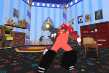 a cartoon character in a room with a cannon and a sign that says ' boss ' on it
