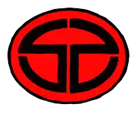 a black and yellow circle with the letter t inside of it
