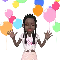 a cartoon girl wearing a shirt that says hello is surrounded by colorful balloons