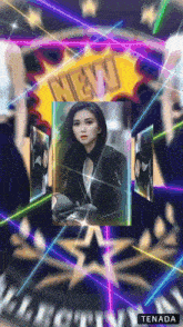 a picture of a woman is surrounded by a neon sign that says " new "