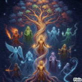 a painting of a tree of life with angels and demons surrounding it