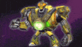a cartoon robot with a green light on its head .