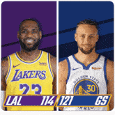 a lakers player and a golden state warriors player are standing next to each other