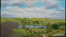 a painting of a lake and mountains is made in animatica