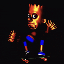 bart simpson is riding a skateboard in a dark room