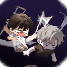a couple of cartoon characters are fighting with a sword