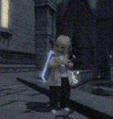 a doll is standing on a sidewalk in front of a building holding a sword .