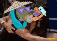 a cartoon of a man wearing a gas mask and sunglasses with meatbags written on the bottom right