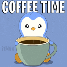 a penguin is holding a cup of coffee with the words coffee time written above it