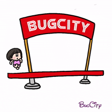 a cartoon drawing of a girl with bug city written on the bottom right corner