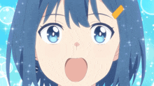 a close up of a blue haired anime girl 's face