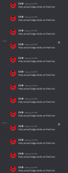 a screenshot of holy actual fudge sticks on fried rice messages