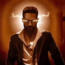 a man in a suit and tie with lightning coming out of his head .