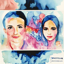 a watercolor painting of a man and a woman with the words photolab on the bottom right