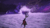 a person holding a trident in the snow with a purple sky in the background