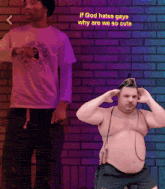 a man in a shirt that says chrome hearts stands next to a man in a shirt that says if god hates gays