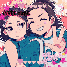 a cartoon drawing of two girls with the words night night on the bottom