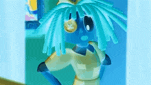 a cartoon character with blue hair is standing in a room