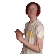 a man wearing headphones and a white t-shirt is pointing at something .