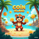 an illustration of a monkey holding gold coins with the words coin island behind him