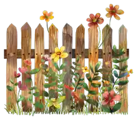a wooden fence with flowers and leaves behind it