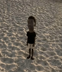 a little boy standing on a sandy beach with a cartoon face on his head
