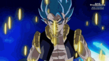 a cartoon character with blue hair and gold armor is standing in a dark room .