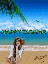 a picture of a woman on a beach with the words happy tasking above her