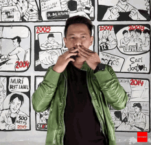 a man in a green jacket covers his mouth in front of a wall of comic strips with the year 2005 on it