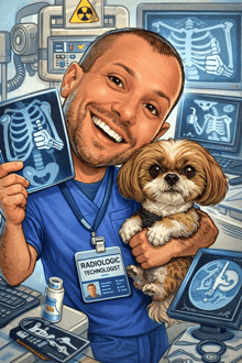 a man with a name tag that says radiologic technologist holds a small dog