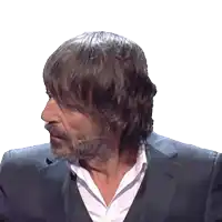 a man with long hair and a beard wearing a suit and white shirt