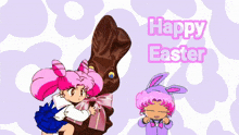 a cartoon girl holding a chocolate bunny and the words happy easter